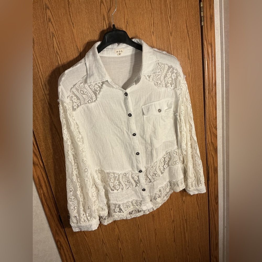 POL Cream Textured Blouse w/ Lace Detail - Picture 3 of 7
